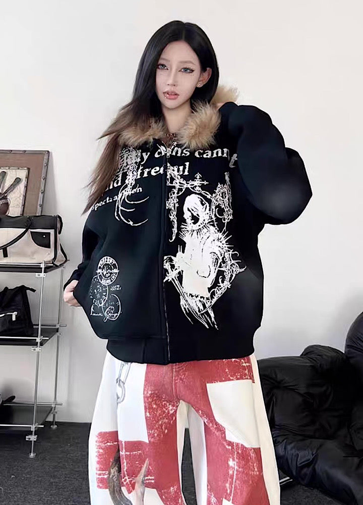 TR BRUSHSHIFT】Subculture illustration design full zip fur jacket