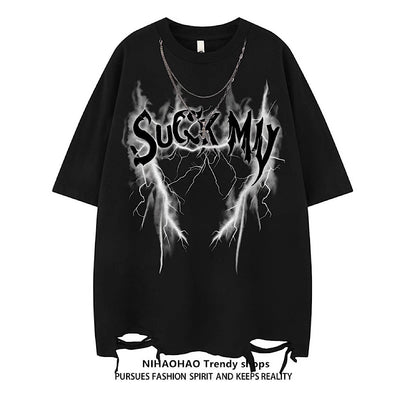 【NIHAOHAO】Thunder Initial Design Damaged Style Oversized Short Sleeve T-Shirt  NH0221