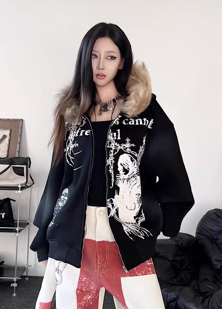 【TR BRUSHSHIFT】Subculture illustration design full zip fur jacket hoodie  TB0065