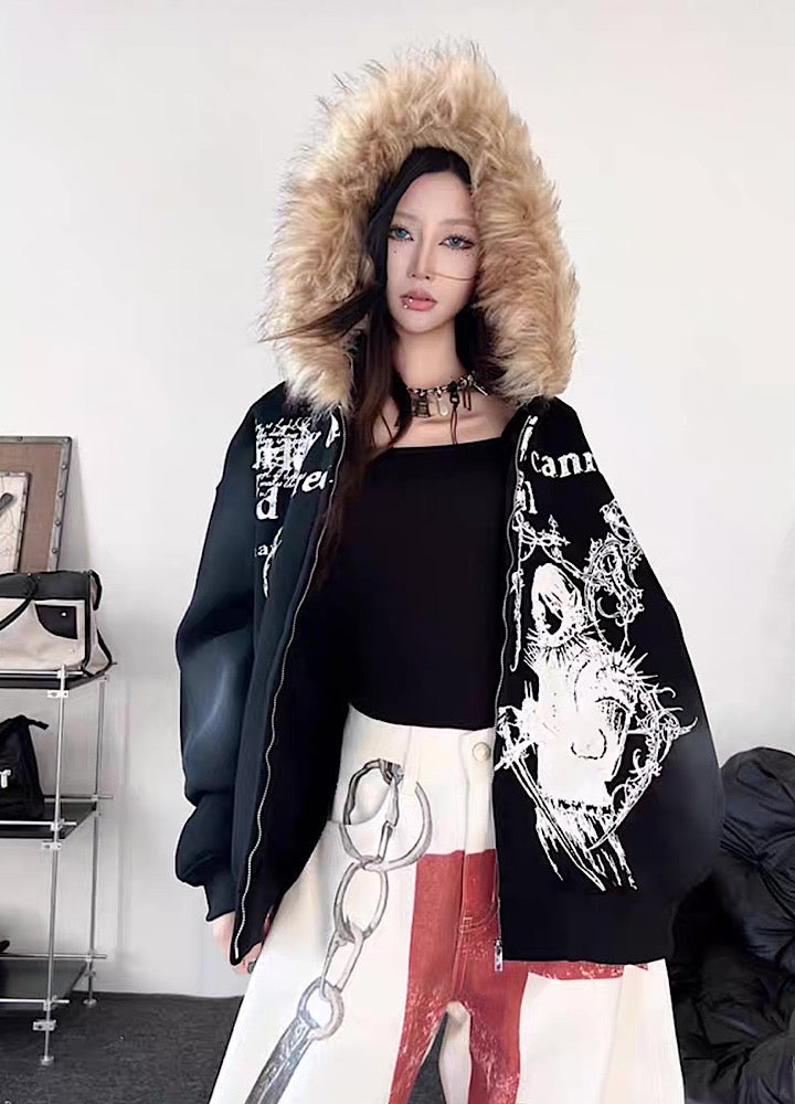【TR BRUSHSHIFT】Subculture illustration design full zip fur jacket hoodie  TB0065