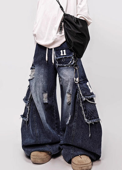【UUCSCC】Blue wash full damage design cargo wide denim pants  US0108