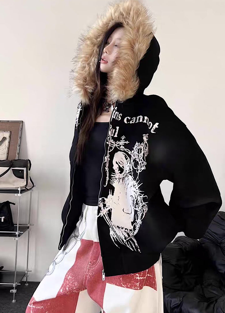 【TR BRUSHSHIFT】Subculture illustration design full zip fur jacket hoodie  TB0065