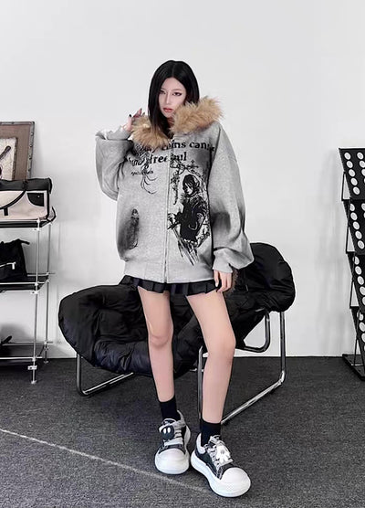 【TR BRUSHSHIFT】Subculture illustration design full zip fur jacket hoodie  TB0065