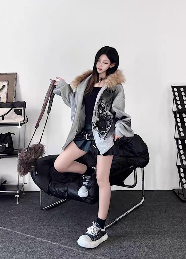 【TR BRUSHSHIFT】Subculture illustration design full zip fur jacket hoodie  TB0065