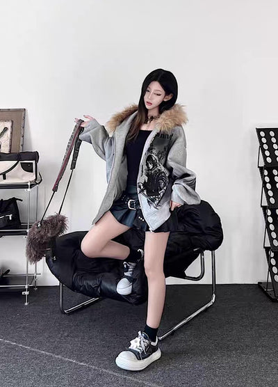 【TR BRUSHSHIFT】Subculture illustration design full zip fur jacket hoodie  TB0065