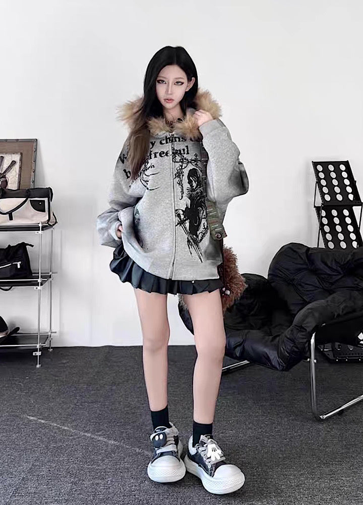 【TR BRUSHSHIFT】Subculture illustration design full zip fur jacket hoodie  TB0065