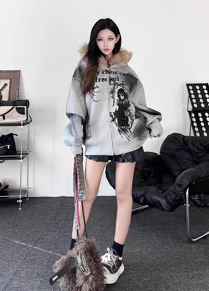 【TR BRUSHSHIFT】Subculture illustration design full zip fur jacket hoodie  TB0065