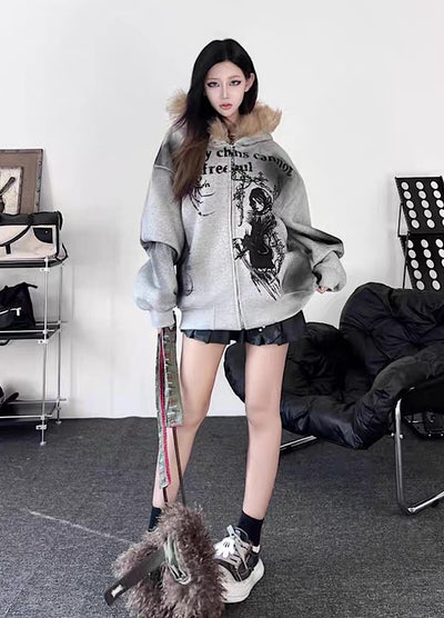 【TR BRUSHSHIFT】Subculture illustration design full zip fur jacket hoodie  TB0065