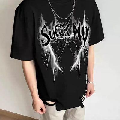 【NIHAOHAO】Thunder Initial Design Damaged Style Oversized Short Sleeve T-Shirt  NH0221