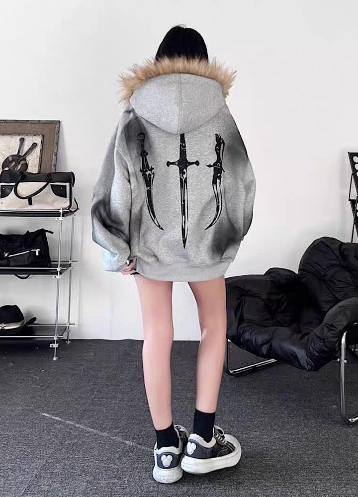 【TR BRUSHSHIFT】Subculture illustration design full zip fur jacket hoodie  TB0065