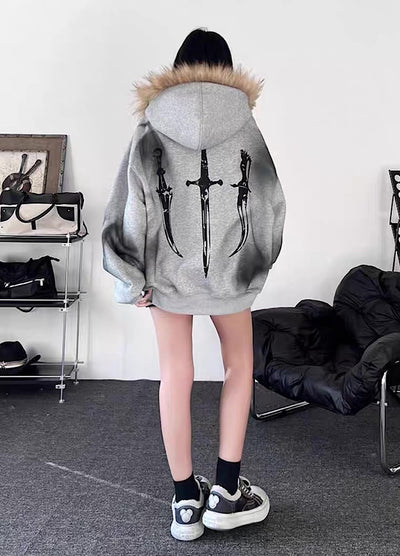 【TR BRUSHSHIFT】Subculture illustration design full zip fur jacket hoodie  TB0065