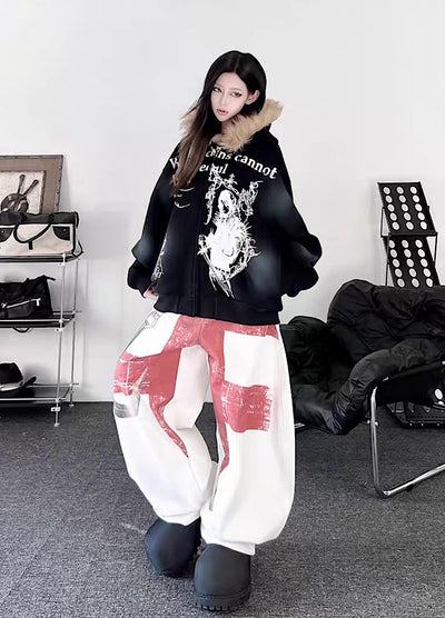 【TR BRUSHSHIFT】Subculture illustration design full zip fur jacket hoodie  TB0065