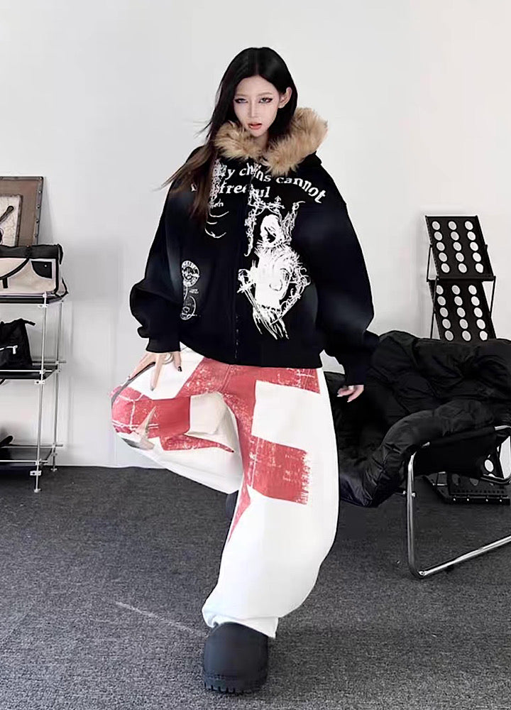 【TR BRUSHSHIFT】Subculture illustration design full zip fur jacket hoodie  TB0065