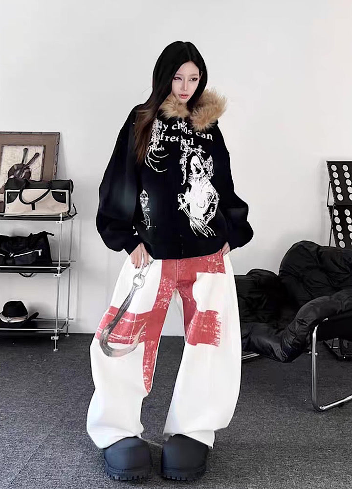 【TR BRUSHSHIFT】Subculture illustration design full zip fur jacket hoodie  TB0065