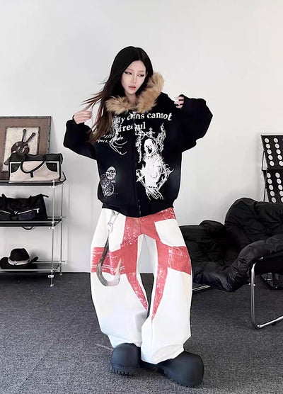 【TR BRUSHSHIFT】Subculture illustration design full zip fur jacket hoodie  TB0065