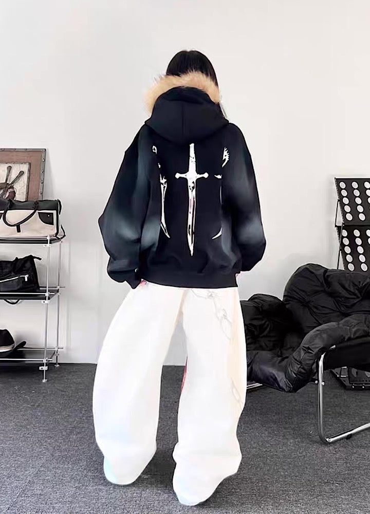 【TR BRUSHSHIFT】Subculture illustration design full zip fur jacket hoodie  TB0065