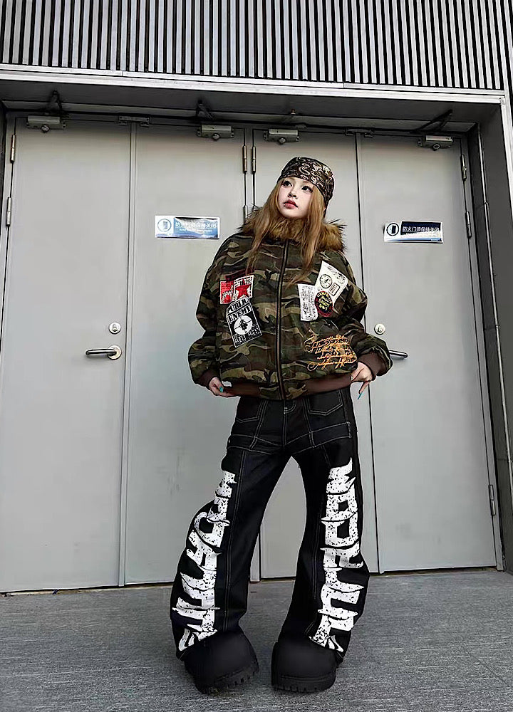 【TR BRUSHSHIFT】Random patchwork design camouflage fur wide hoodie jacket  TB0066