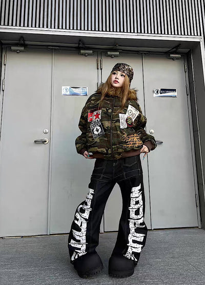 【TR BRUSHSHIFT】Random patchwork design camouflage fur wide hoodie jacket  TB0066