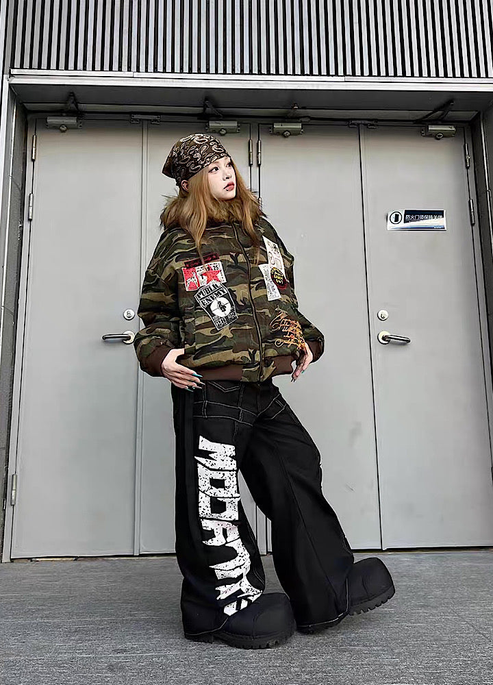 【TR BRUSHSHIFT】Random patchwork design camouflage fur wide hoodie jacket  TB0066
