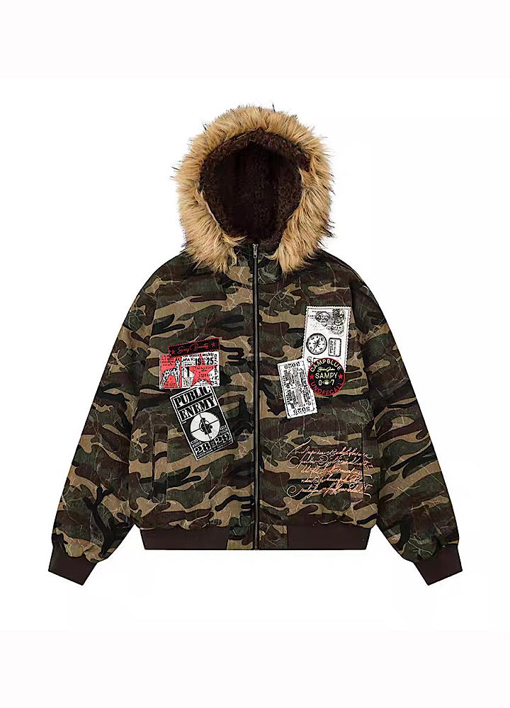 【TR BRUSHSHIFT】Random patchwork design camouflage fur wide hoodie jacket  TB0066