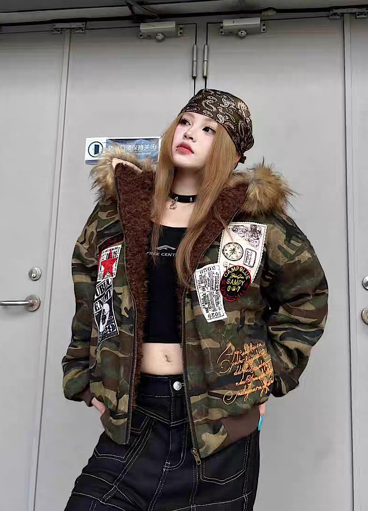 【TR BRUSHSHIFT】Random patchwork design camouflage fur wide hoodie jacket  TB0066