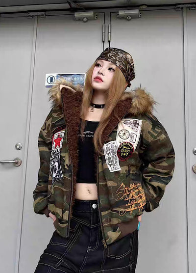 【TR BRUSHSHIFT】Random patchwork design camouflage fur wide hoodie jacket  TB0066