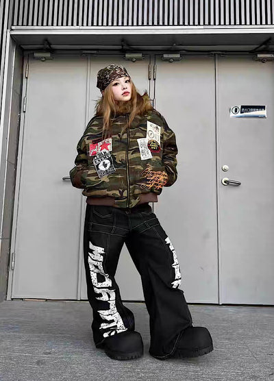 【TR BRUSHSHIFT】Random patchwork design camouflage fur wide hoodie jacket  TB0066