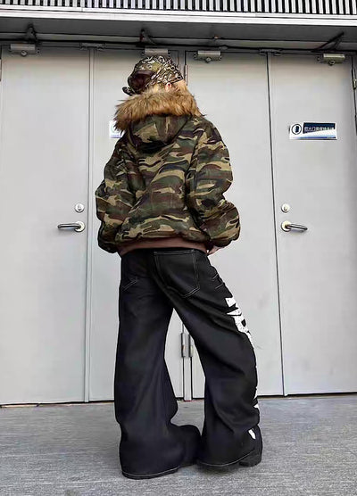 【TR BRUSHSHIFT】Random patchwork design camouflage fur wide hoodie jacket  TB0066