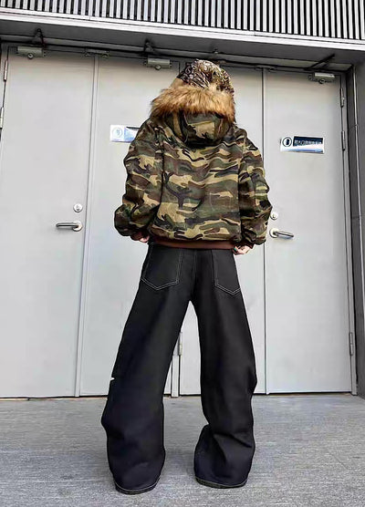 【TR BRUSHSHIFT】Random patchwork design camouflage fur wide hoodie jacket  TB0066
