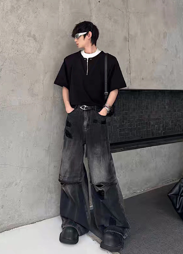 【MARTHENAUT】All-washed distressed wide flare denim pants  MH0069