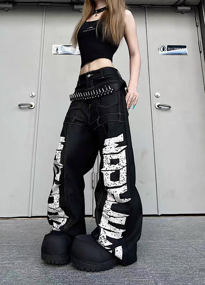 【TR BRUSHSHIFT】Double initial design monotone style stitched denim pants  TB0067