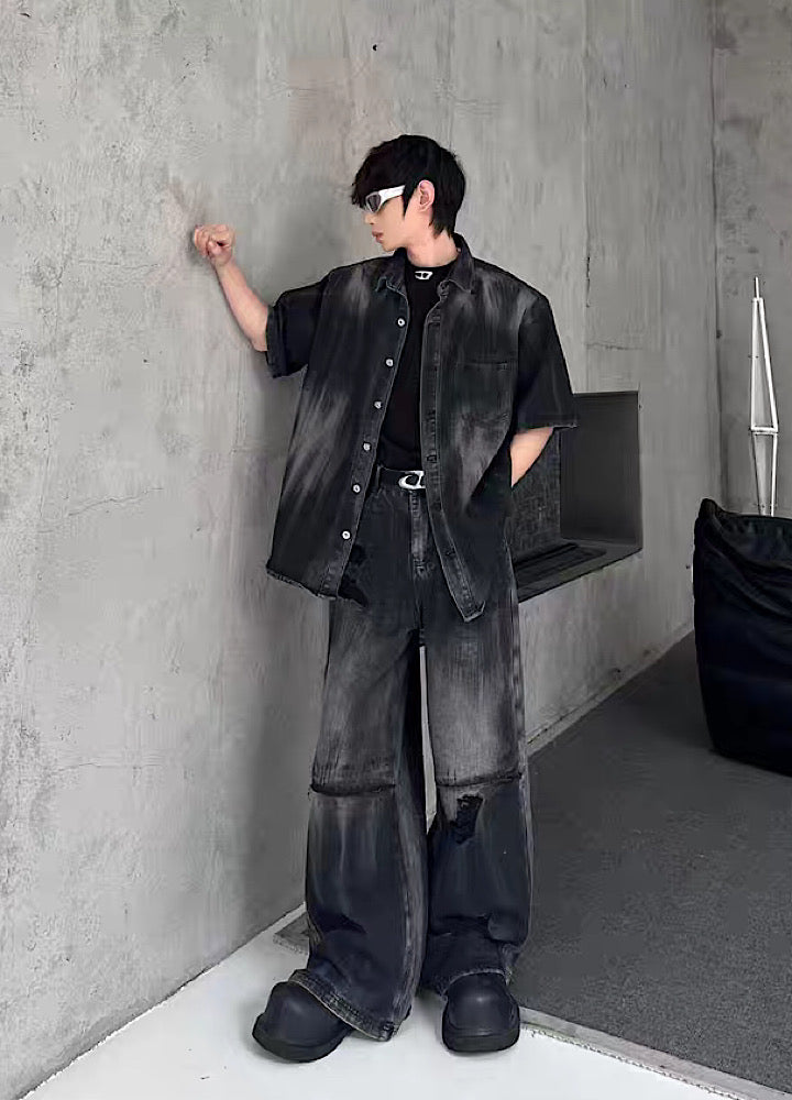 【MARTHENAUT】All-washed distressed wide flare denim pants  MH0069