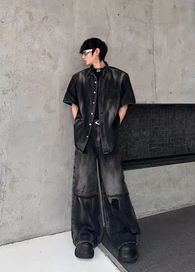 【MARTHENAUT】All-washed distressed wide flare denim pants  MH0069