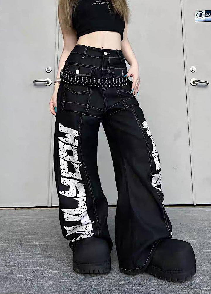 【TR BRUSHSHIFT】Double initial design monotone style stitched denim pants  TB0067