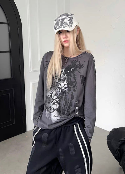 【TR BRUSHSHIFT】Asymmetrical graphic button detail Long-sleeved T-shirt  TB0112