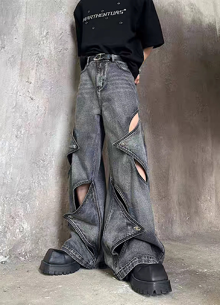 【MARTHENAUT】Slash design dull gray base denim wide pants  MH0070