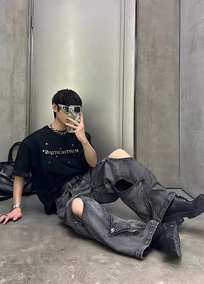 【MARTHENAUT】Slash design dull gray base denim wide pants  MH0070