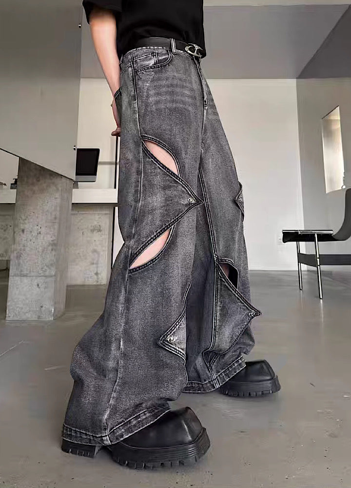 【MARTHENAUT】Slash design dull gray base denim wide pants  MH0070