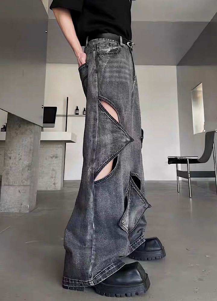 【MARTHENAUT】Slash design dull gray base denim wide pants  MH0070
