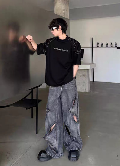 【MARTHENAUT】Slash design dull gray base denim wide pants  MH0070