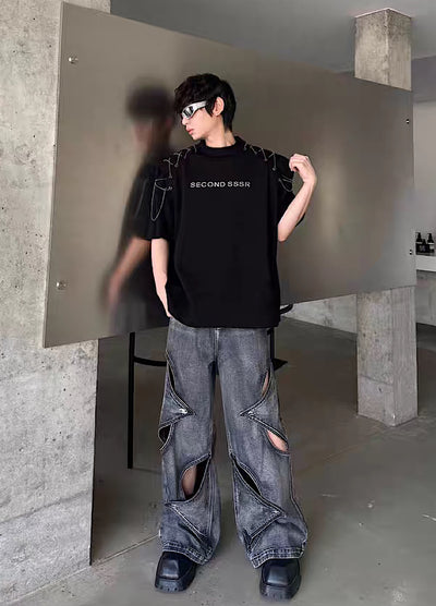 【MARTHENAUT】Slash design dull gray base denim wide pants  MH0070