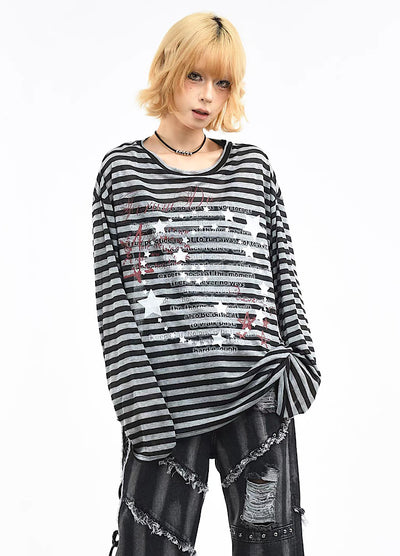 【OV】Star pattern lightning design simple striped long sleeve T-shirt  OV0025