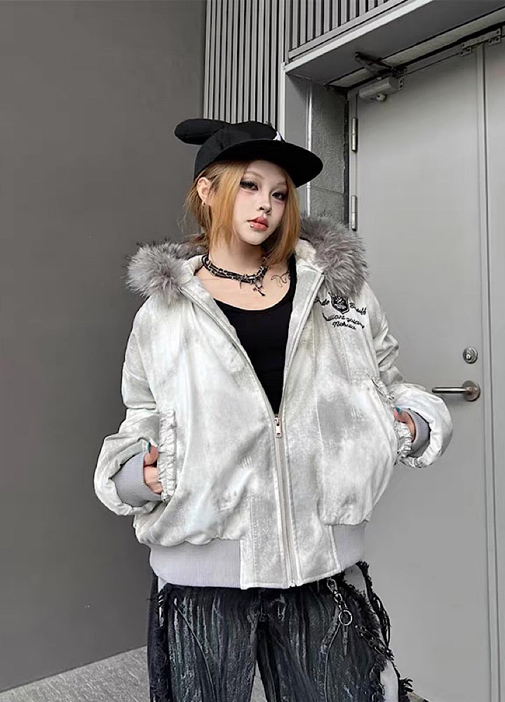 【TR BRUSHSHIFT】White base random wash fur hoodie jacket  TB0069