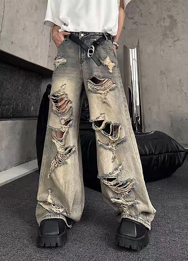 【MARTHENAUT】Vintage blue fully distressed wide-leg denim pants  MH0071