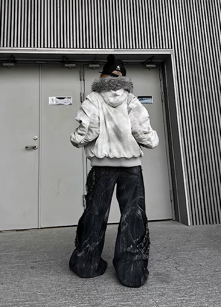 【TR BRUSHSHIFT】White base random wash fur hoodie jacket  TB0069