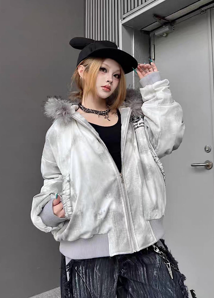 【TR BRUSHSHIFT】White base random wash fur hoodie jacket  TB0069