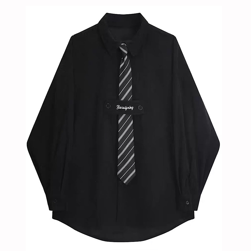 [ANNX] Check tie set simple oversized shirt AN0008