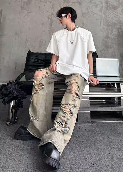 【MARTHENAUT】Vintage blue fully distressed wide-leg denim pants  MH0071