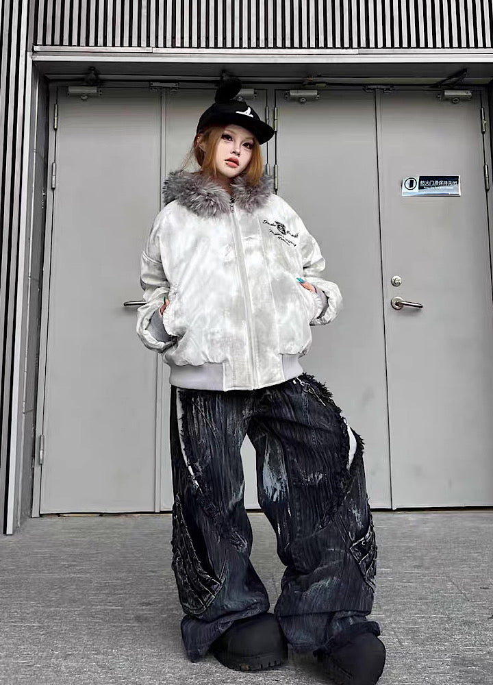【TR BRUSHSHIFT】White base random wash fur hoodie jacket  TB0069