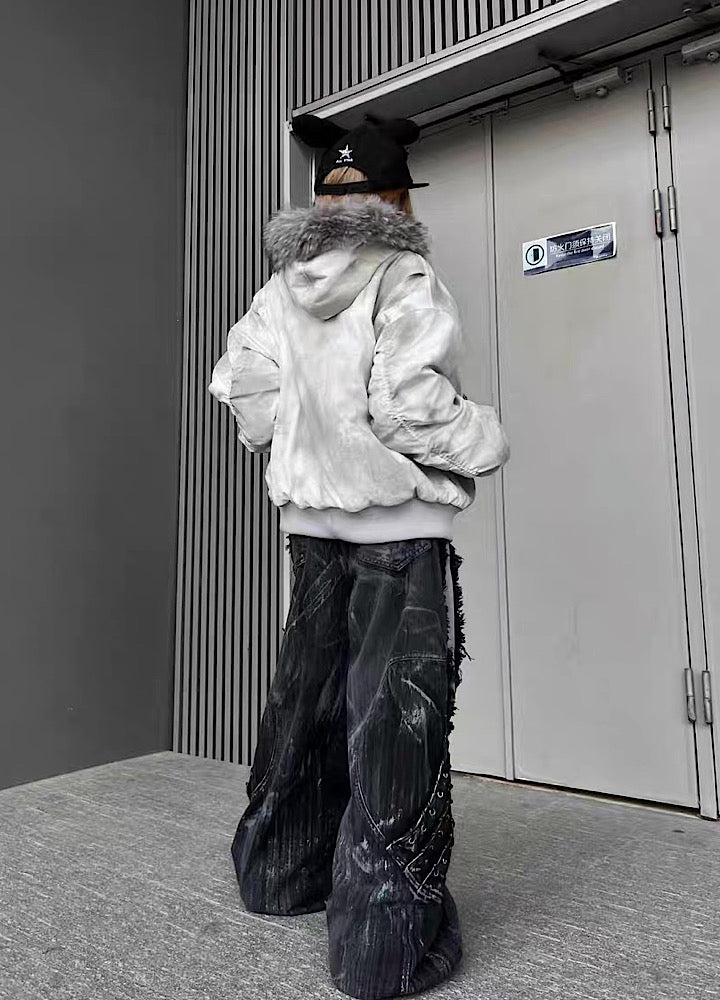 【TR BRUSHSHIFT】White base random wash fur hoodie jacket  TB0069